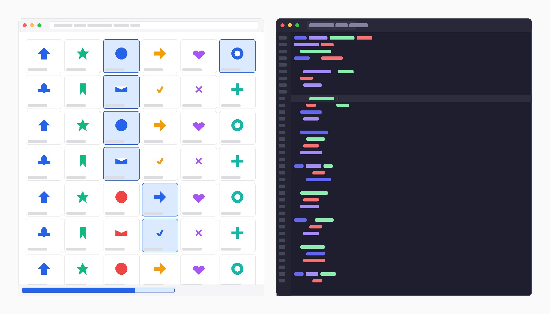 Editorial illustration of a browser window displaying a grid of SVG icons being extracted, with a code editor showing extraction scripts on the right