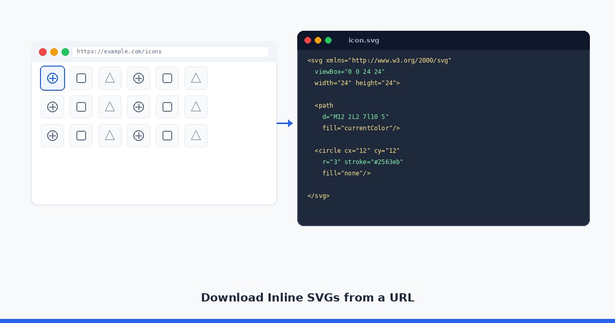 Illustration of a browser window showing SVG code being extracted from a webpage URL into individual files