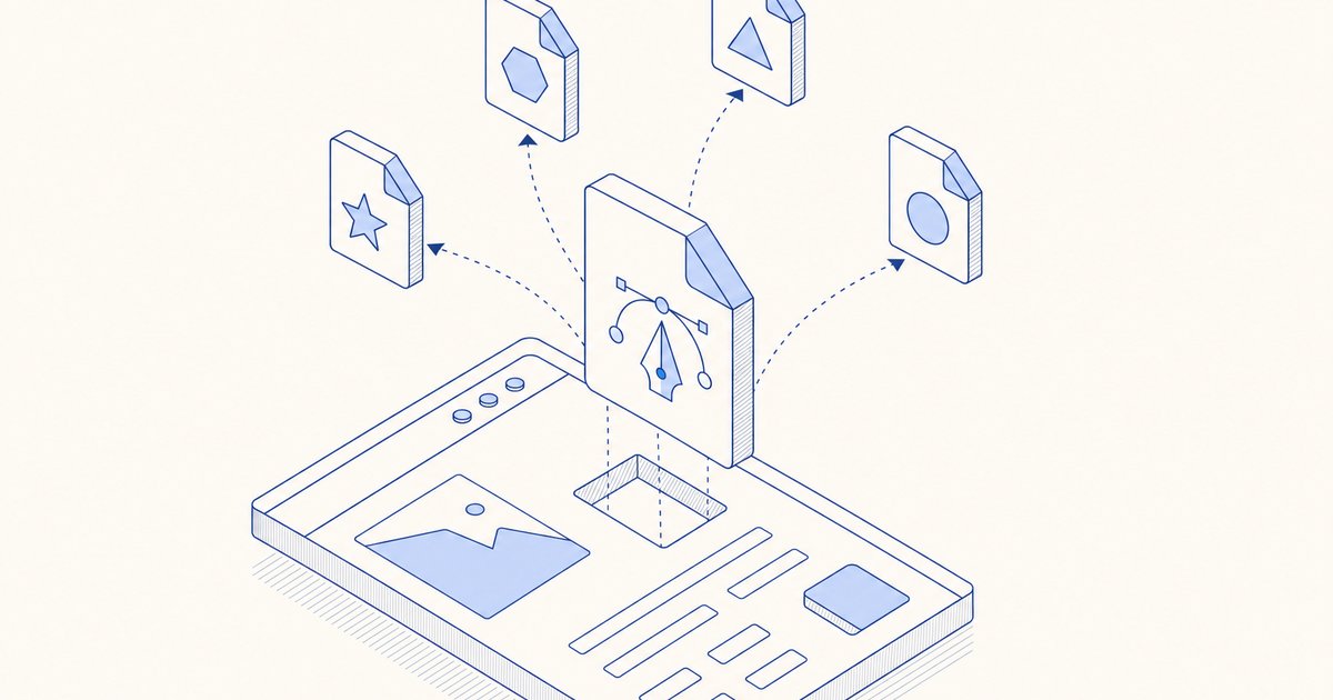 Illustration of a website with SVG icons being extracted into individual files