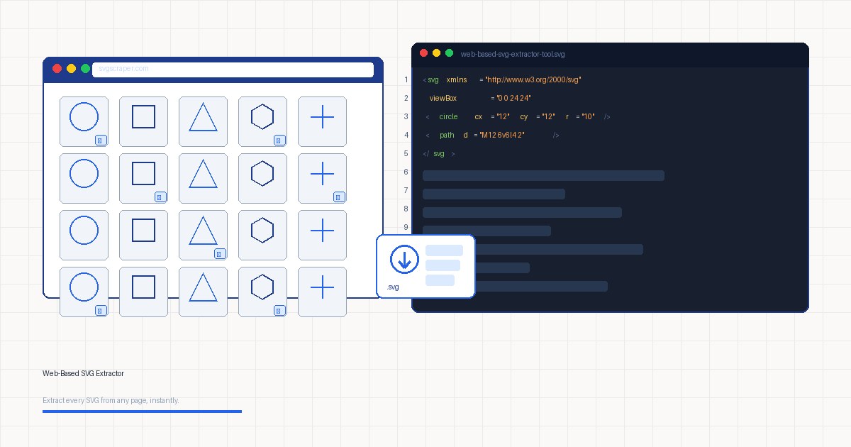 Editorial illustration of browser windows showing SVG icons and code editors, off-white background